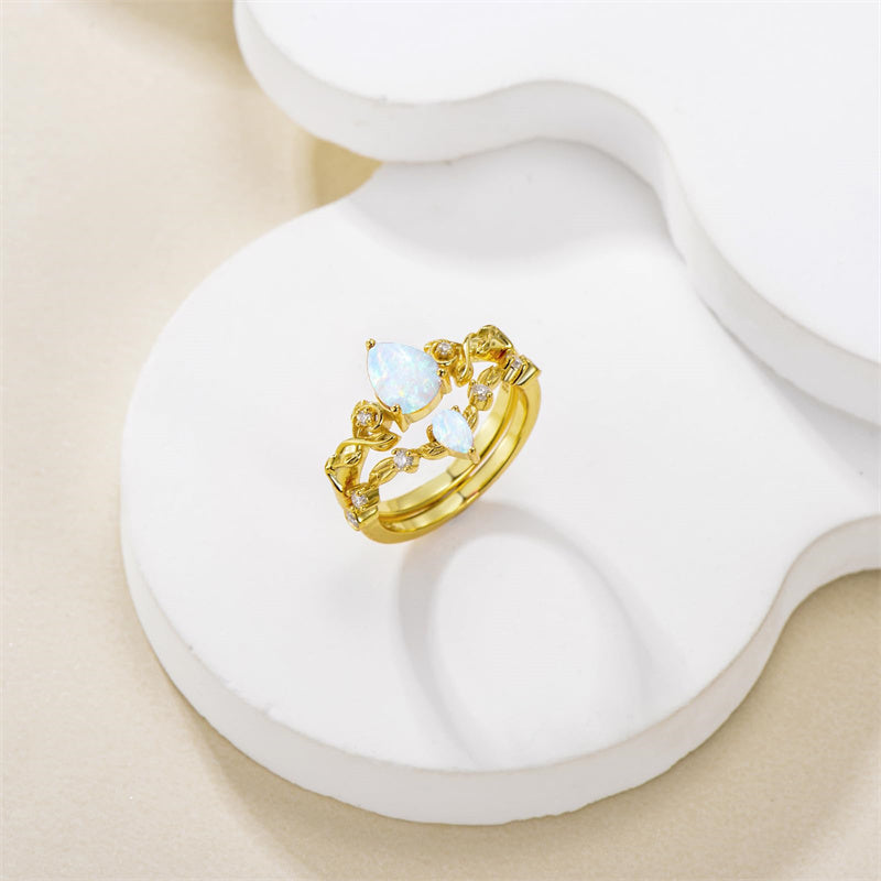 Sterling Silver 10K 14K 18K Gold Pear Cut Gemstone Leaf  Engagement Ring Set