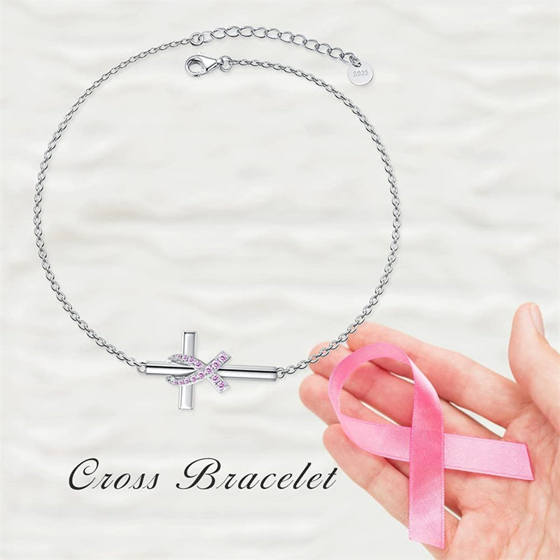 Sterling Silver Butterfly Cross Breast Cancer Awareness Bracelet