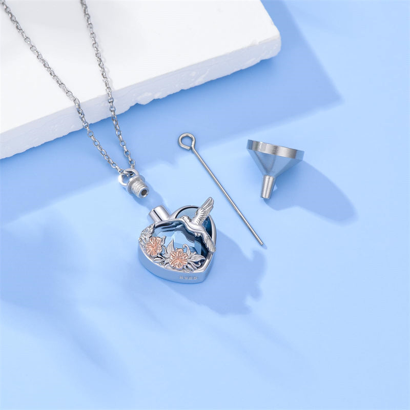 Sterling Silver Crystal Hummingbird Urn Necklace for Ashes