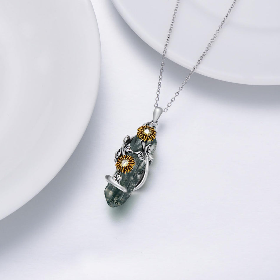 Sterling Silver Moss Agate Sunflower Pendant Necklace