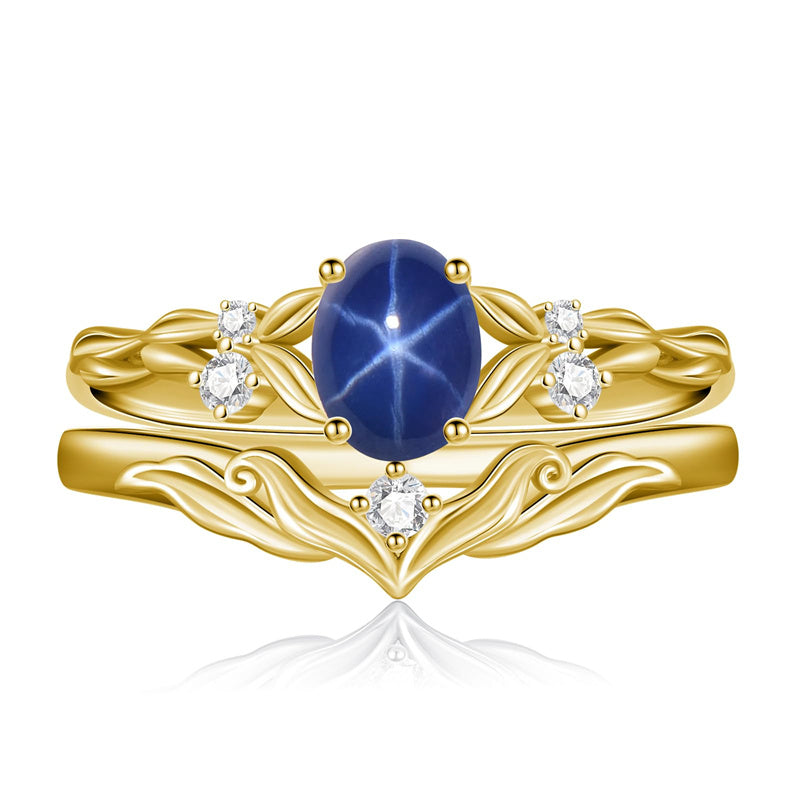 Sterling Silver 10K 14K 18K Gold  Oval Cut Unique Vine Gemstone Wedding Ring Set