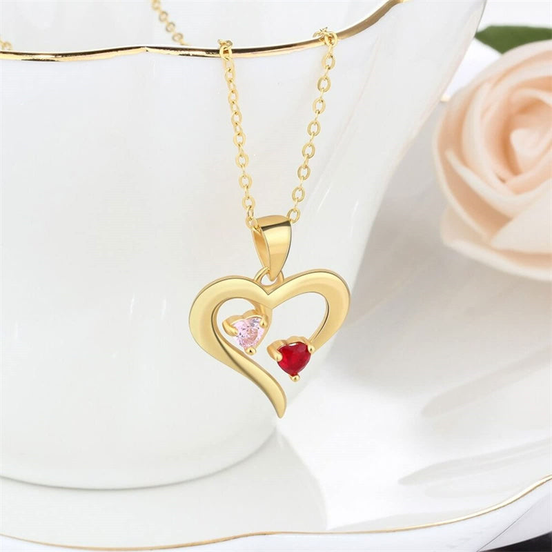 10K 14K 18K Gold Personalized 2 Birthstone Names Heart Pendant Necklace