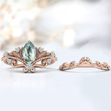 Sterling Silver Personalized  Engraved Pear Cut Moss Agate Engagement Wedding Ring Set for Women