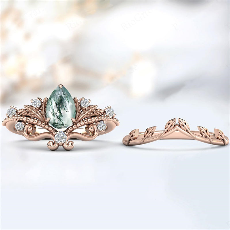 Sterling Silver Personalized  Engraved Pear Cut Moss Agate Engagement Wedding Ring Set for Women