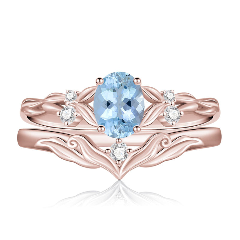 Sterling Silver 10K 14K 18K Gold  Oval Cut Unique Vine Gemstone Wedding Ring Set