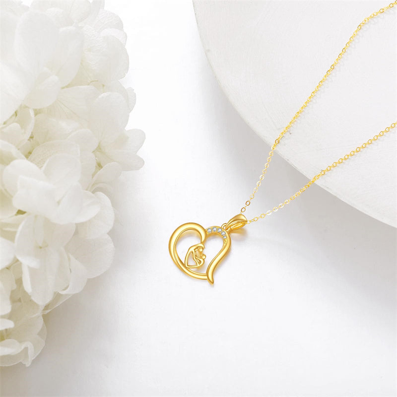 14K Gold Heart Mother Child Pendant Necklace