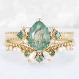 Sterling Silver 10K 14K 18K Gold  Personalized  Engraved Natural Moss Agate Engagement Bridal Wedding Ring Set