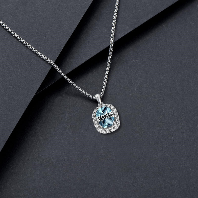 Sterling Silver Oval Personalized Text and Birthstone Class Pendant Necklace Graduation Jewelry