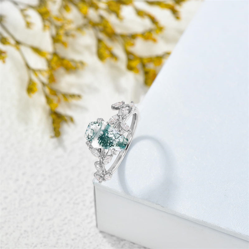 Sterling Silver 10K 14K 18K 2CT Natural Moss Agate Leaf Engagement Wedding Promise Rings Set