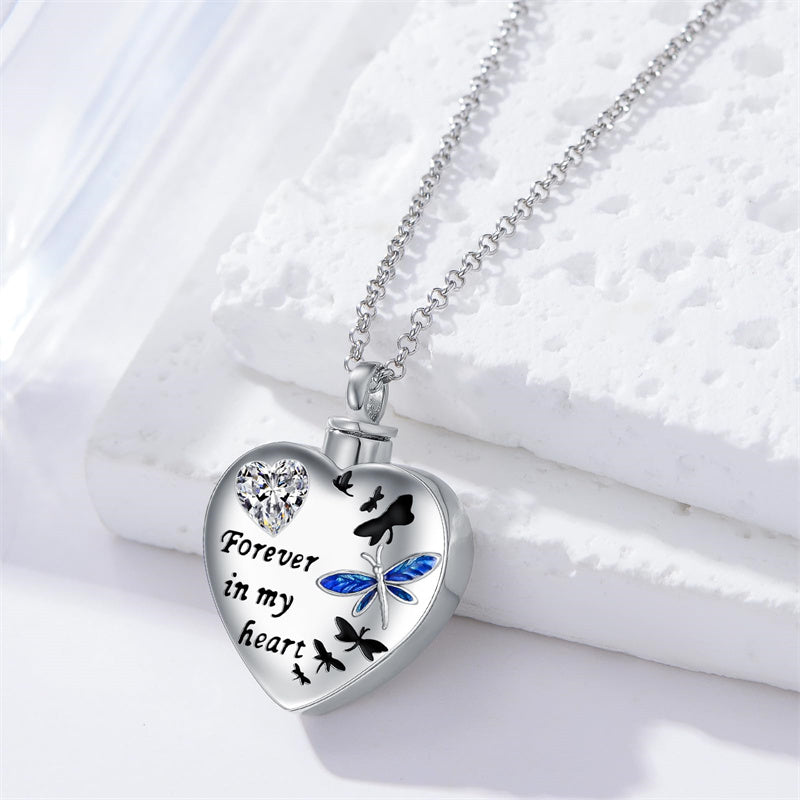 Sterling Silver Cubic Zirconia Dragonfly Heart Urn Necklaces for Ashes