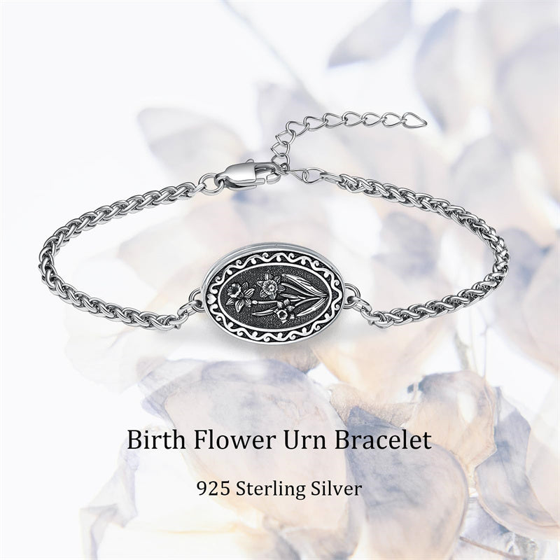 Sterling Silver 12-Month Birth Flower Urn Bracelet for Ashes