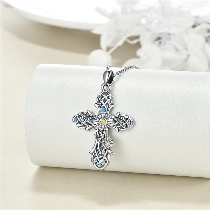 Sterling Silver Abalone Shell Turquoise Origami Cross Pendant Necklace