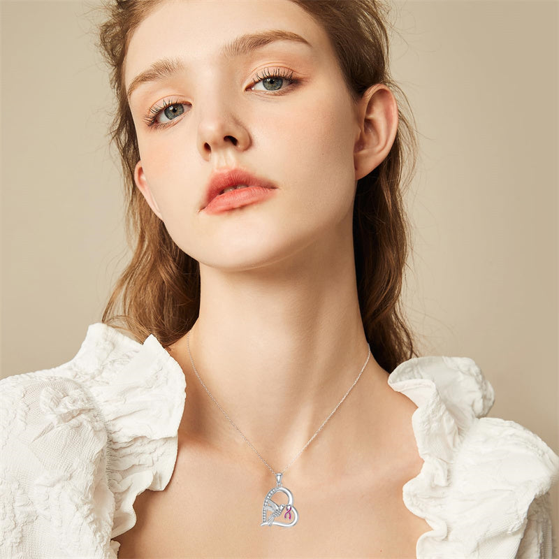 Sterling Silver Cubic Zircon Hummingbird Cancer Awareness Pendant Necklace Gifts for Women