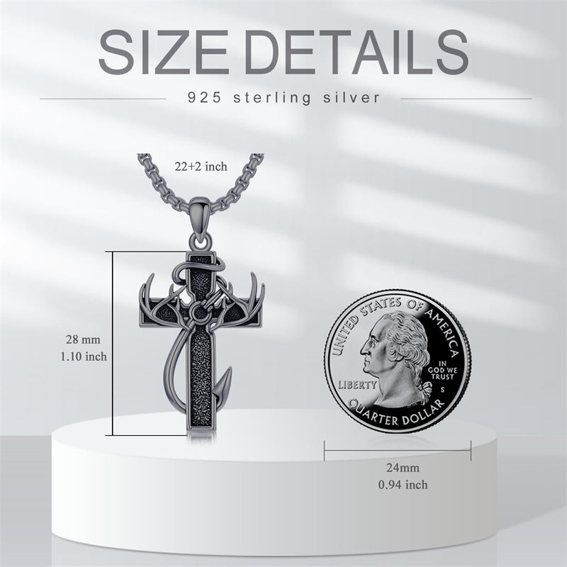 Sterling Silver Fish Hook Cross Pendant Necklace for Men