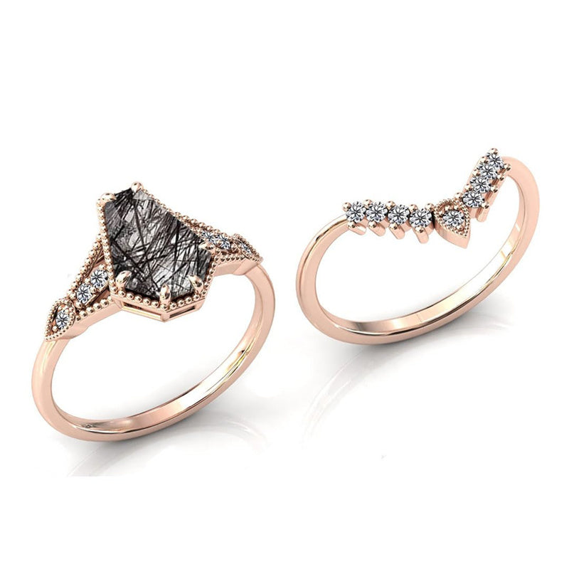 Sterling Silver 10K 14K 18K Personalized Engraved 2CT Natural Black Rutilated Quartz Engagement Ring Set