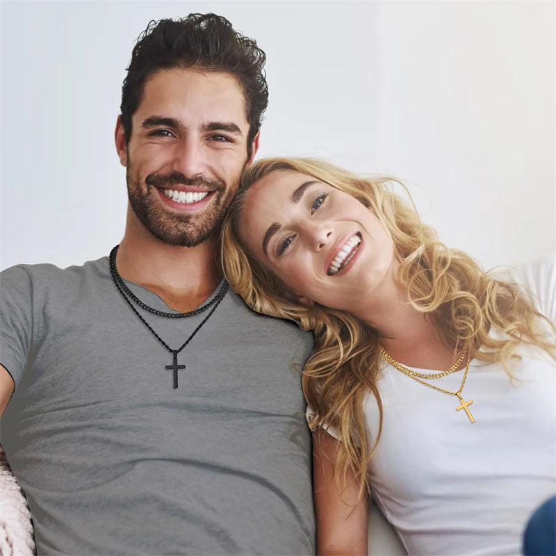 Sterling Silver Layered Cross Necklace for Men with Stainless Steel Cuban Link Rope Chain