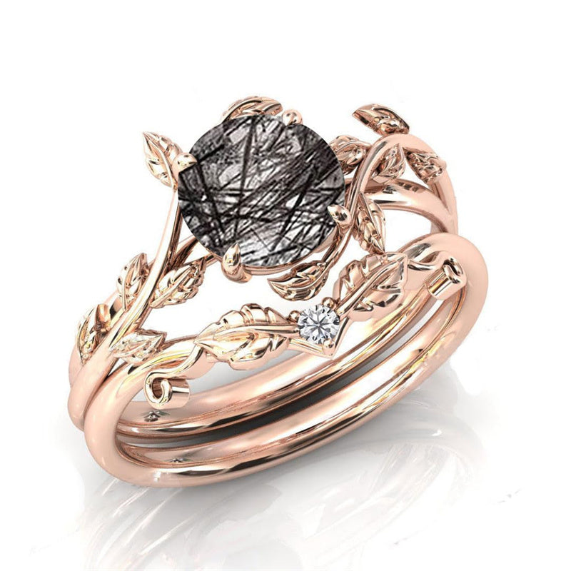 Sterling Silver 10K 14K 18K Personalized Engraved 2CT Natural Black Rutilated Quartz Engagement Ring Set