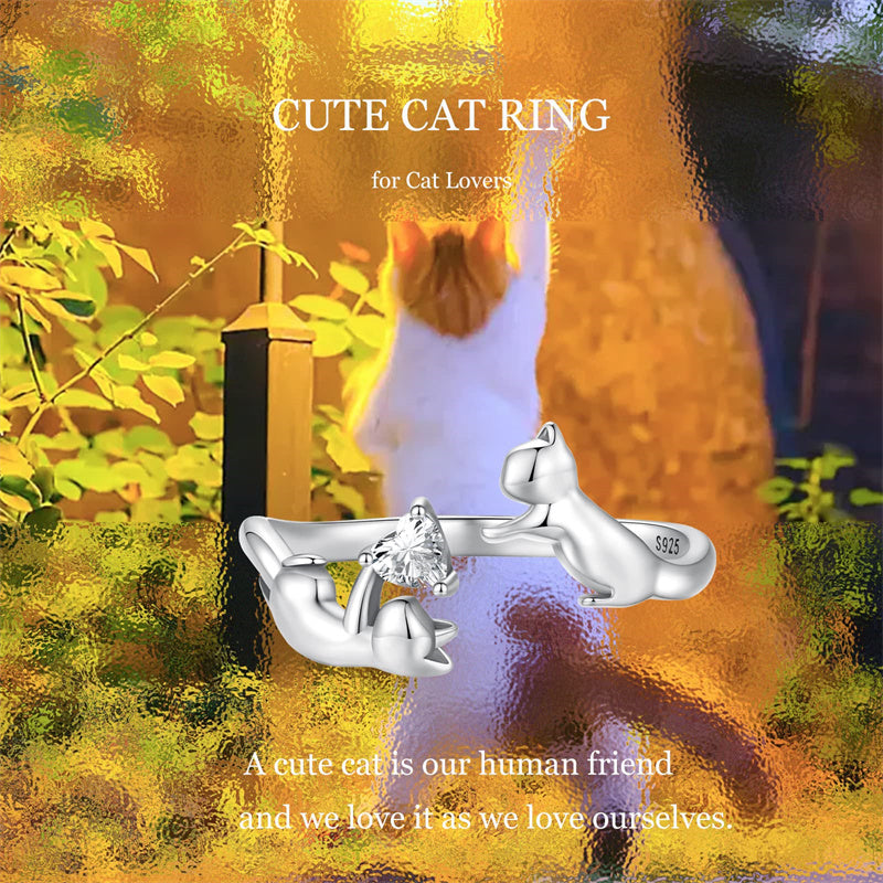 Sterling Silver Cute Cat Adjustable Ring for Women