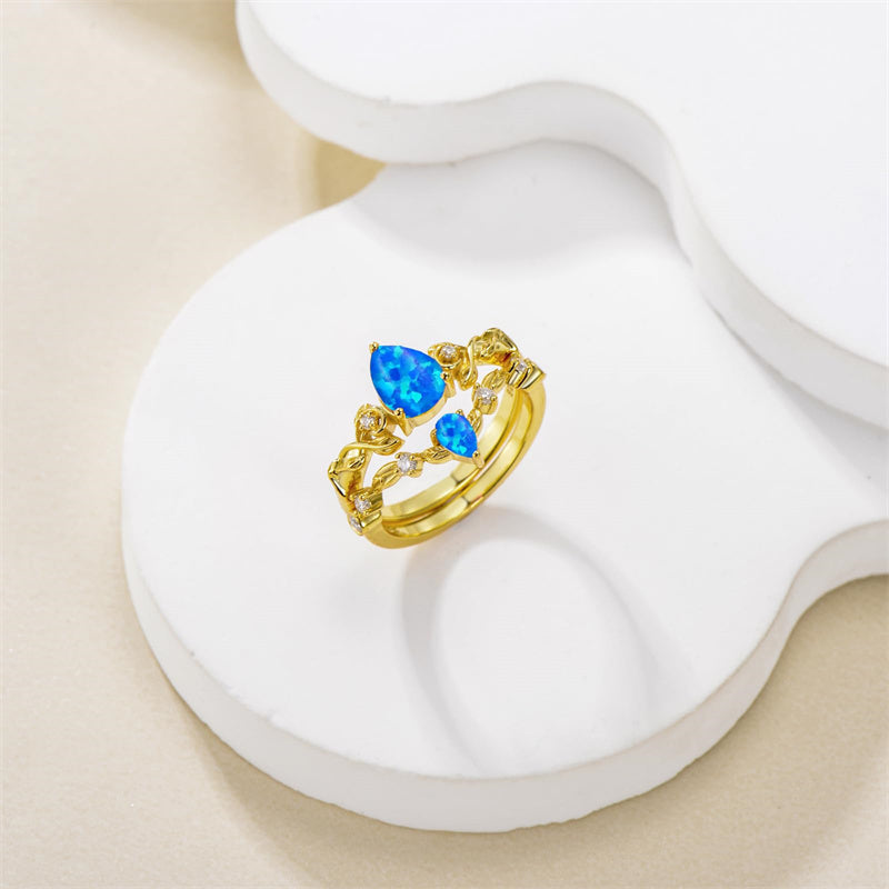 Sterling Silver 10K 14K 18K Gold Pear Cut Gemstone Leaf  Engagement Ring Set