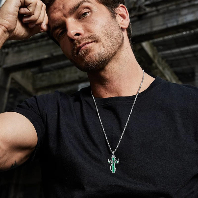 Sterling Silver Fish Hook Cross Pendant Necklace for Men