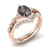 Sterling Silver 10K 14K 18K Personalized Engraved 2CT Natural Black Rutilated Quartz Engagement Ring Set