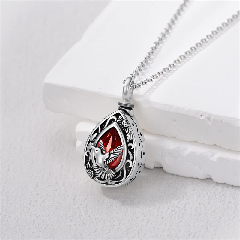 Sterling Silver Personalized Red Cubic Zirconia Butterfly Hummingbird Urn Necklace for Ashes