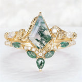 Sterling Silver 10K 14K 18K Gold  Personalized  Engraved Natural Moss Agate Engagement Bridal Wedding Ring Set