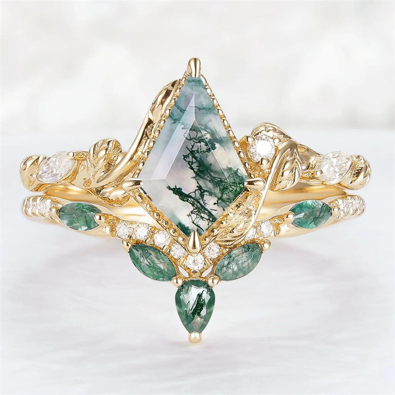 Sterling Silver 10K 14K 18K Gold  Personalized  Engraved Natural Moss Agate Engagement Bridal Wedding Ring Set