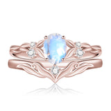 Sterling Silver 10K 14K 18K Gold  Oval Cut Unique Vine Gemstone Wedding Ring Set