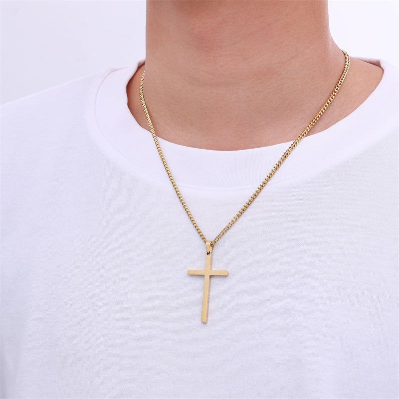 Sterling Silver Cross Pendant Necklace with 3.0mm Stainless Steel Cuban Chain