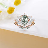 Sterling Silver Personalized  Engraved  Oval Cut Moss Agate Engagement Wedding Ring Set for Women