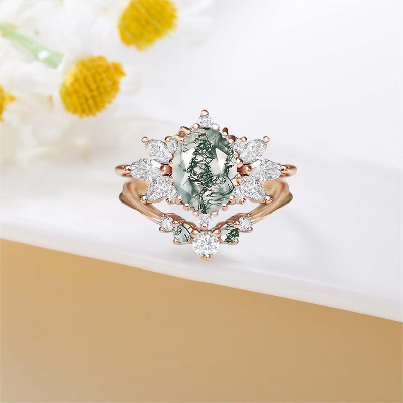 Sterling Silver Personalized  Engraved  Oval Cut Moss Agate Engagement Wedding Ring Set for Women