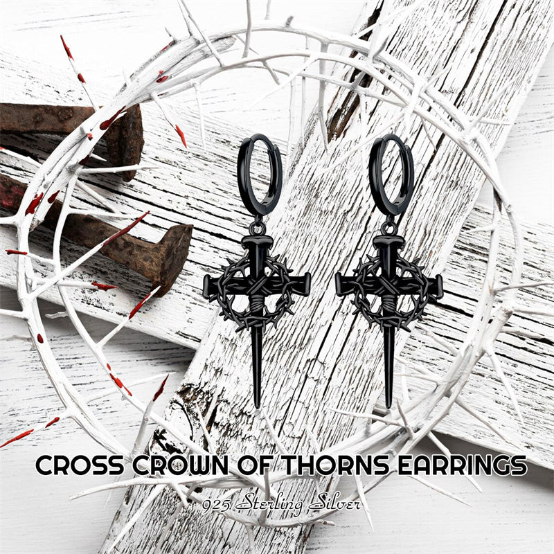 Sterling Silver Cross Hoop Earrings for Men