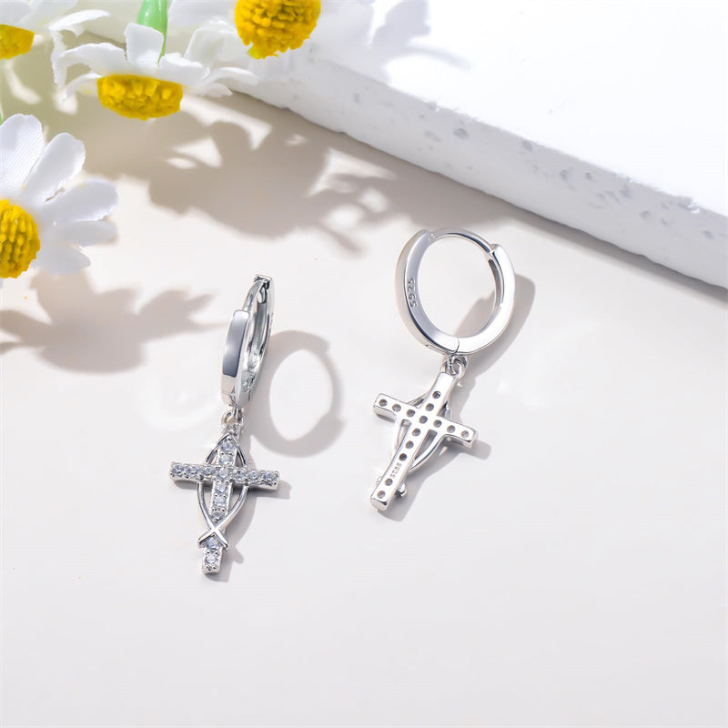 Sterling Silver Cross Sun Viking Wave Hoop Earrings for Men