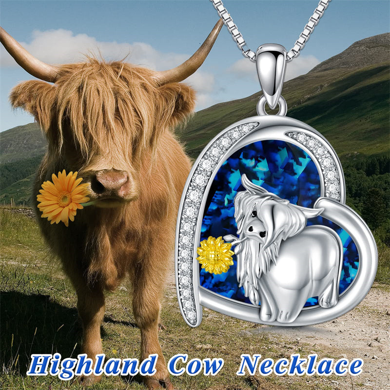 Sterling Silver Heart Highland Cow Pendant Necklace