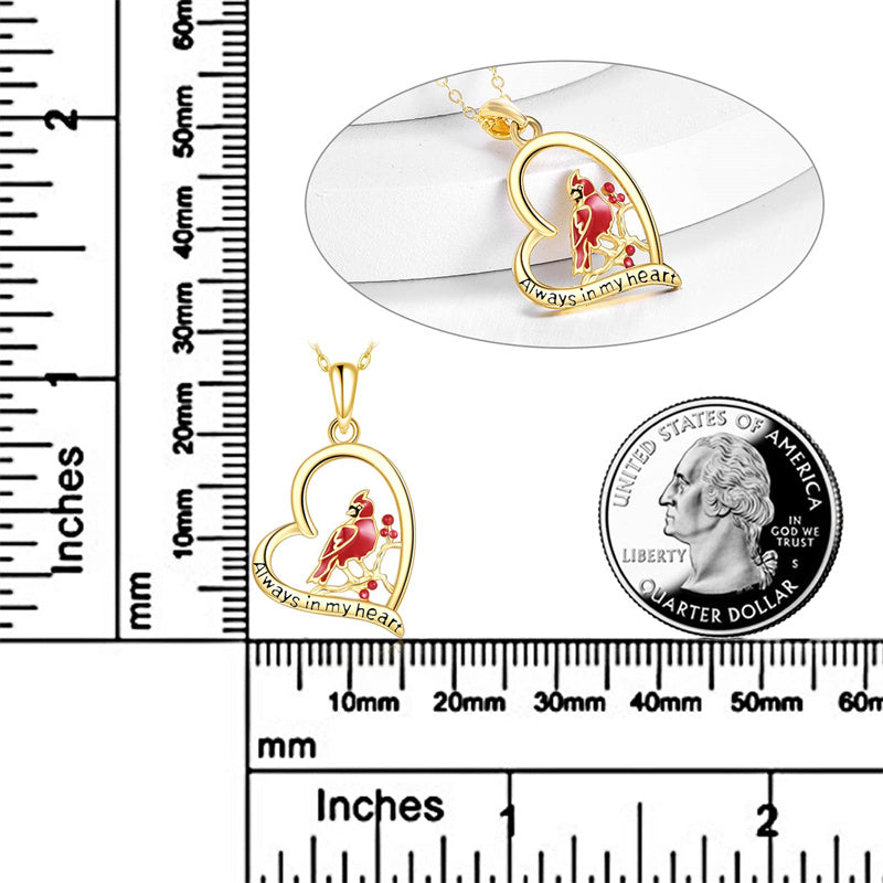 14K Gold Red Cardinal Pendant Necklace Engraved With Always in My Heart