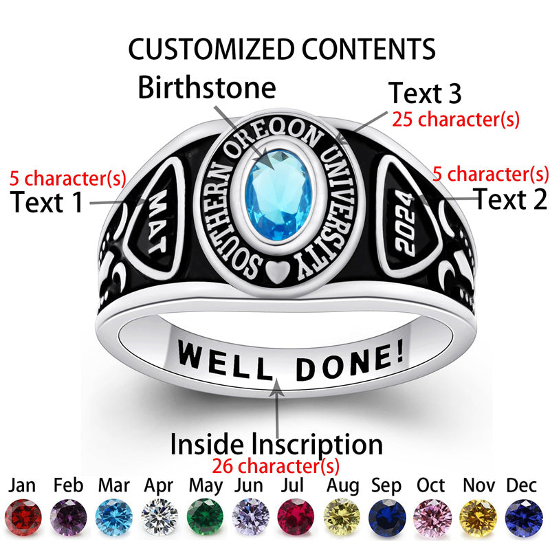 Sterling Silver Personalized Birthstone Engraved Class Rings for Women Graduation Gift
