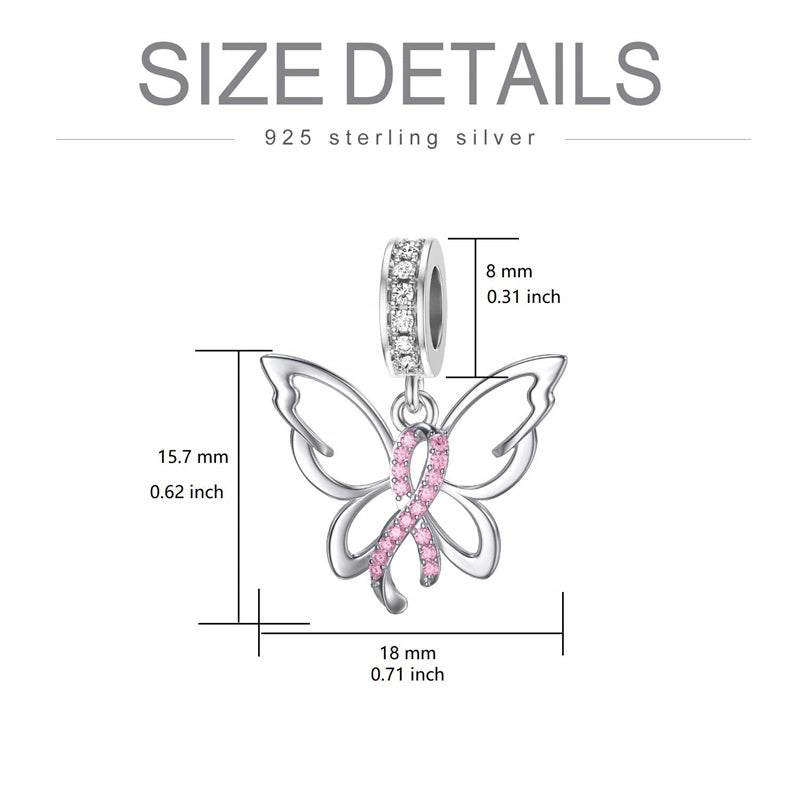 Sterling Silver Cubic Zirconia Butterfly Breast Cancer Awareness Charm Beads