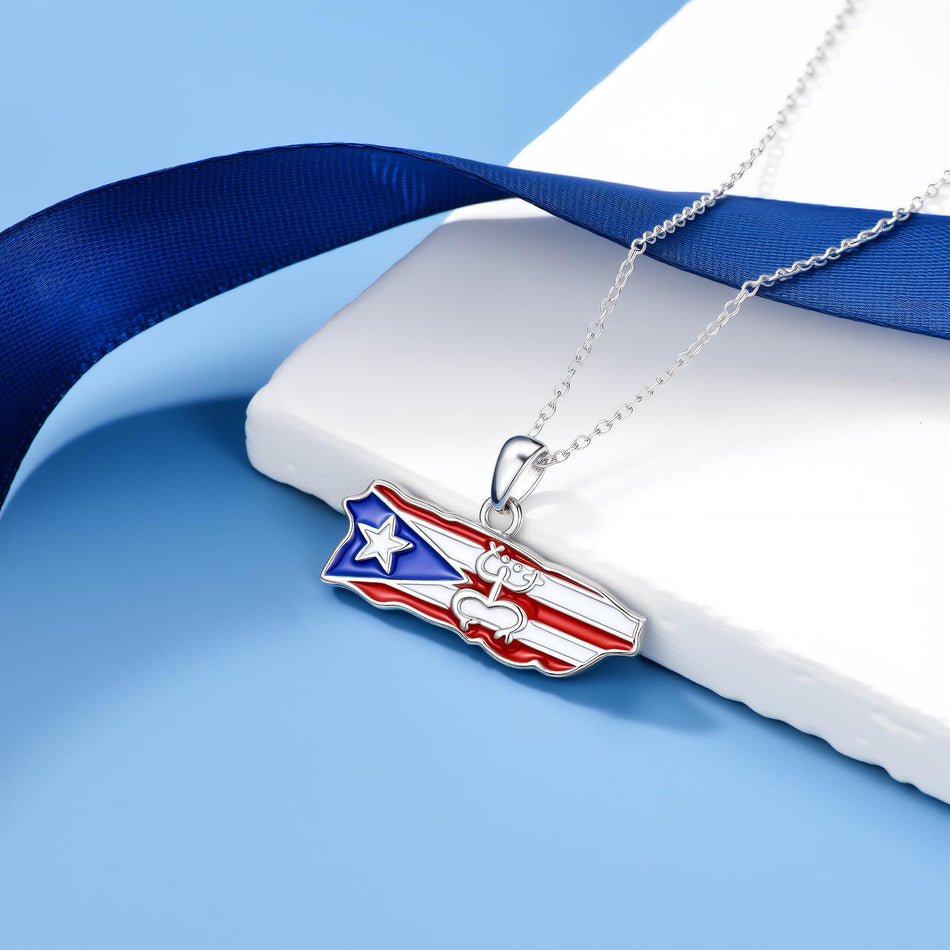 Sterling Silver Frog Puerto Rican Map Pendant Necklace