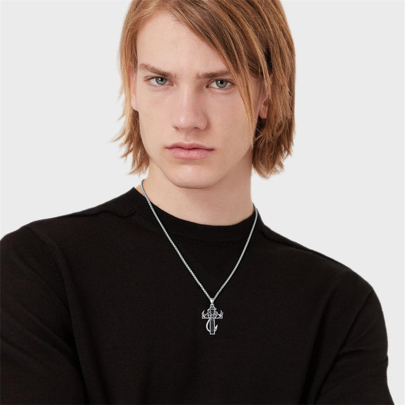 Sterling Silver Fish Hook Cross Pendant Necklace for Men