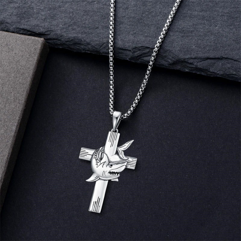Sterling Silver Shark Fish Hook Triple Moon Cross Pendant Necklace