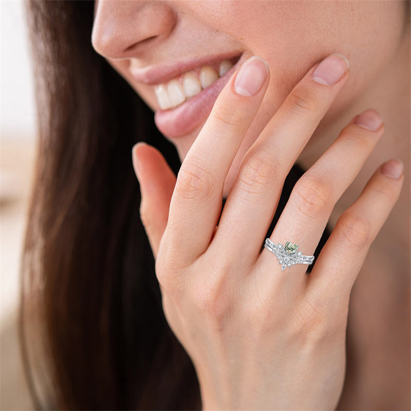 Sterling Silver Heart Natural Moss Agate Engagement Wedding Promise Ring  for Women