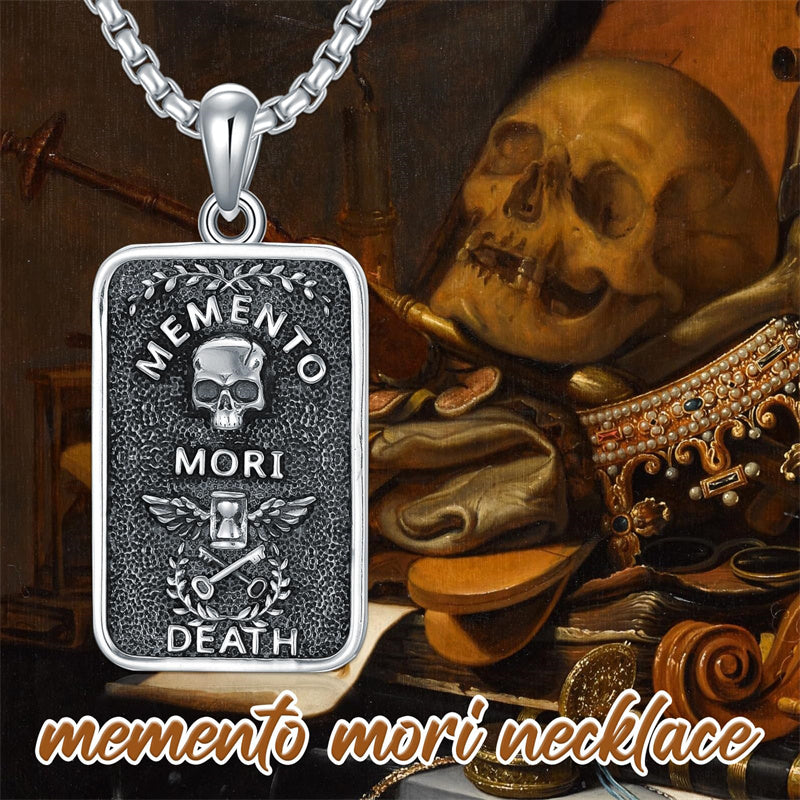 Sterling Silver Memento Mori Gothic Skull Amulet Pendant Necklace for Men