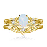 Sterling Silver 10K 14K 18K Gold  Oval Cut Unique Vine Gemstone Wedding Ring Set