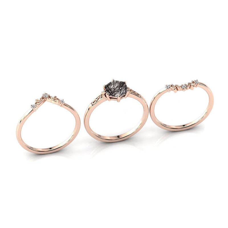 Sterling Silver 10K 14K 18K Personalized Engraved 2CT Natural Black Rutilated Quartz Engagement Ring Set