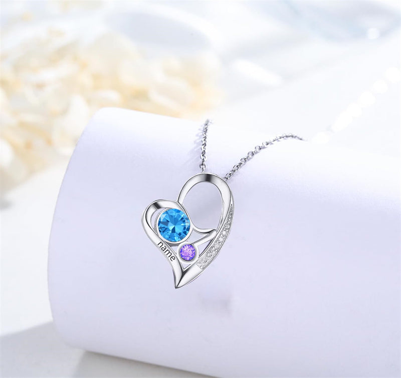 10 14 18K Gold Personalized Engaved Double Heart Birthstone Pendant Necklace
