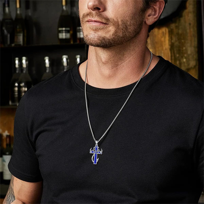 Sterling Silver Fish Hook Cross Pendant Necklace for Men