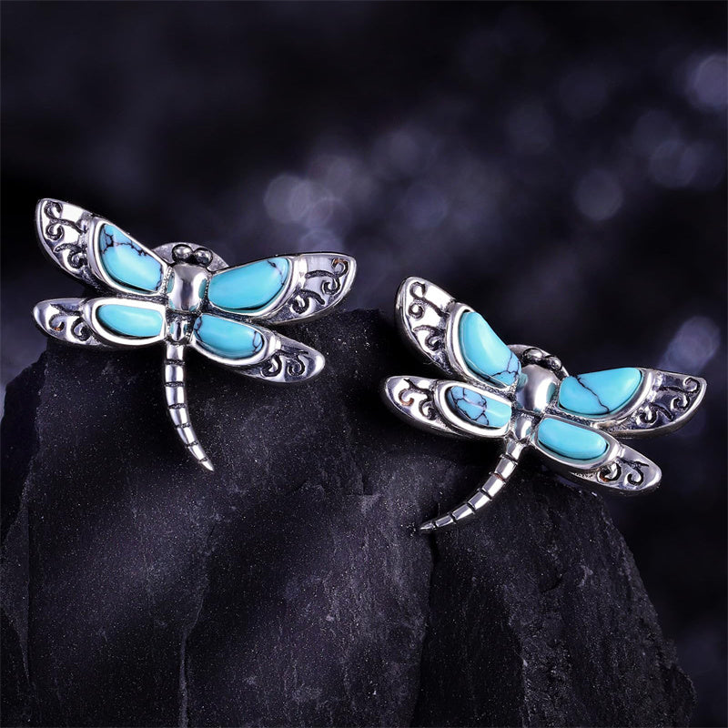 Sterling Silver Vintage Abalone Shell Dragonfly Sunflower Spoon Ring and Turquoise Dragonfly Earrings Set