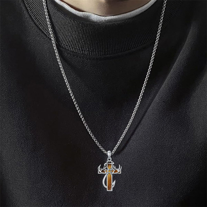 Sterling Silver Fish Hook Cross Pendant Necklace for Men
