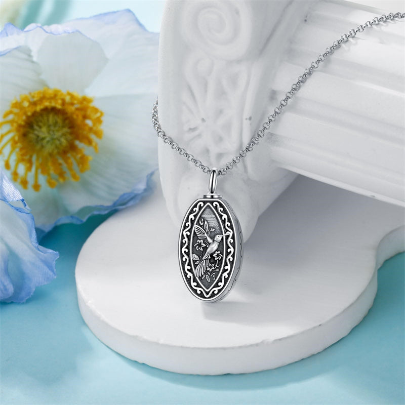 Sterling Silver Personalized Engraved Hummingbird Urn Necklaces for Ashes